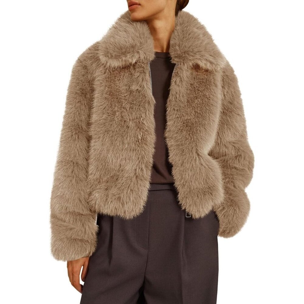 Women's Faux Fur Coat Winter Shaggy Casual Oversized Lapel Jackets Warm Khaki